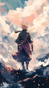 Samurai silhouette against turbulent pastel cloudscape sky