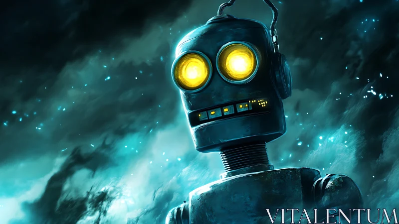 Blue-lit retro robot portrait with glowing yellow optics