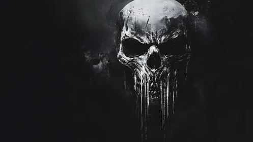 Grim white skull emblem on black void background.