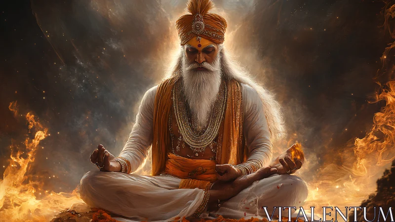 Elderly robed figure in meditation amid surrounding flames.