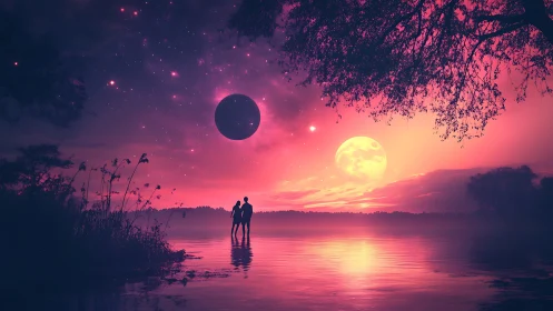 Dual Celestial Bodies Reflecting Across Crimson Lagoon with Silhouetted Observers.