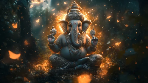 Luminous Ganesh idol radiates mystical light in enchanted forest