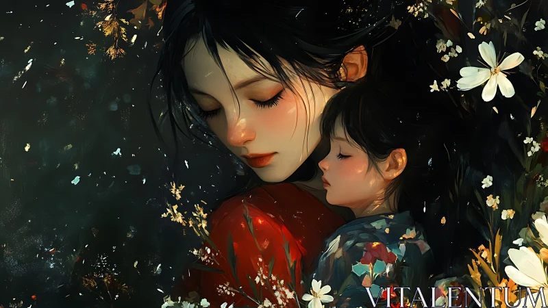 Digital painting of sleeping mother and child in floral field.