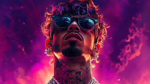 Neon backlit portrait renders stylized tattooed man with glossy shades