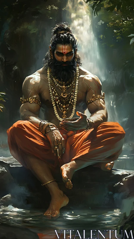 Muscular sage in orange robes meditating by waterfall.