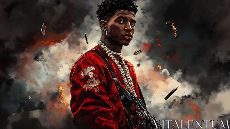 Young man in red jacket stands amid smoky, explosive sky.