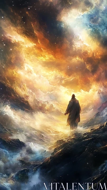 Lone robed figure on storm-swept rocks under blazing nebula sky