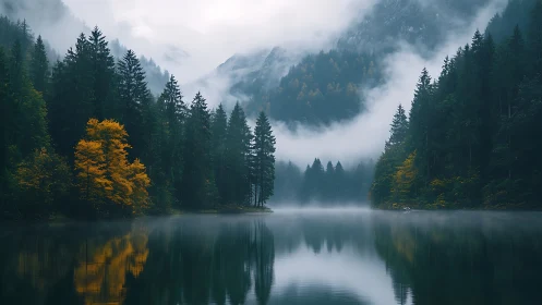 Mountain Lake Reflection with Autumn Forest Fog.