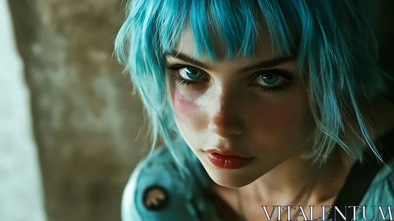 Close cropped view of young person with teal hair and gaze.