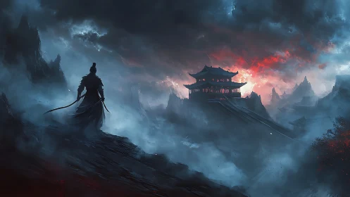 Lone warrior overlooking stormy mountain fortress at dusk.
