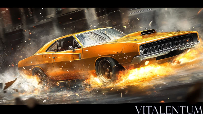 Muscle car drift rendered with motion blur, sparks and fire effects