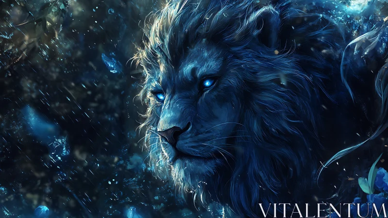 Mythic blue lion gazes through stormlit crystalline night