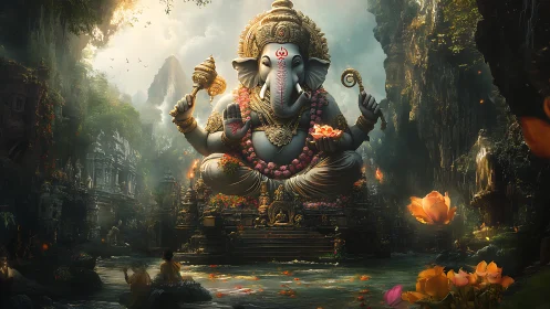 Colossal Ganesha statue rises over lush river temple gorge