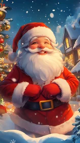 Jolly Santa laughing under cozy winter village lights.