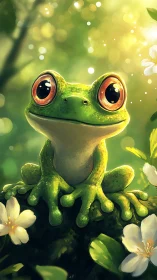 Sunlit forest frog with bright curious eyes resting peacefully.