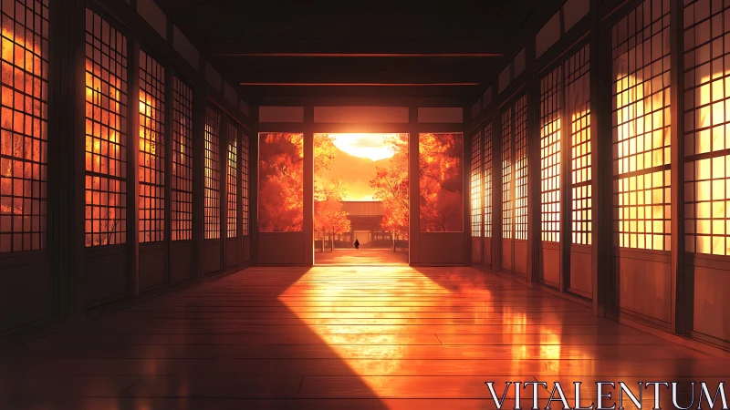Sunlit corridor with shoji panels and autumn foliage outside.