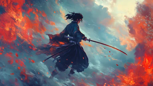 Lone katana swordsman in fiery storm, dynamic backlit profile