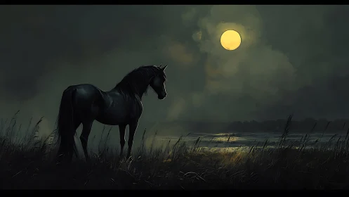 Lunarlit black stallion surveying foggy marshland horizon.