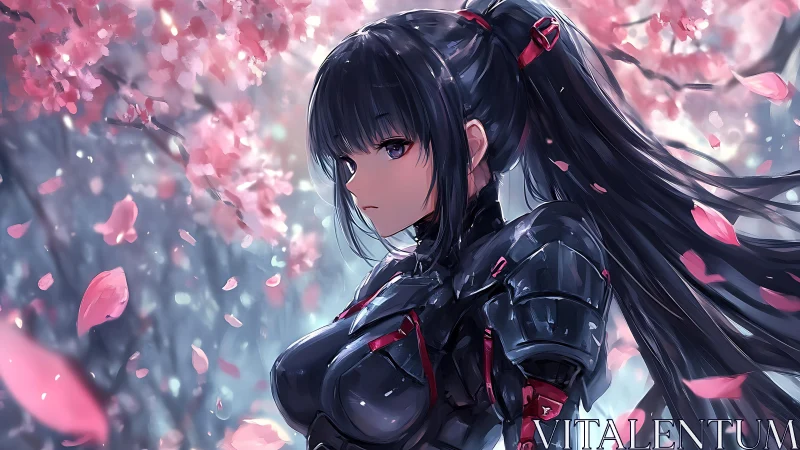 Stoic cyber samurai beneath drifting cherry blossoms.