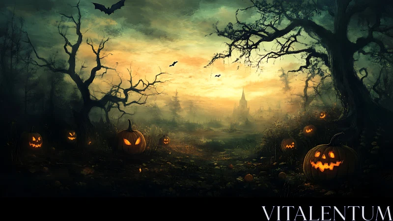 Haunted forest jack o&rsquo;lanterns glow before distant castle.