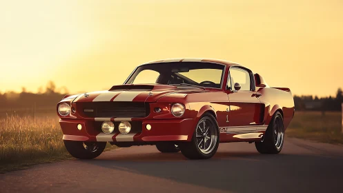 Classic red muscle car under cinematic golden sunset glow.