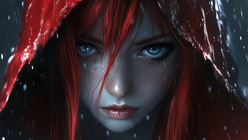 Rain-lashed red-hood portrait with hyperreal ocular focus.