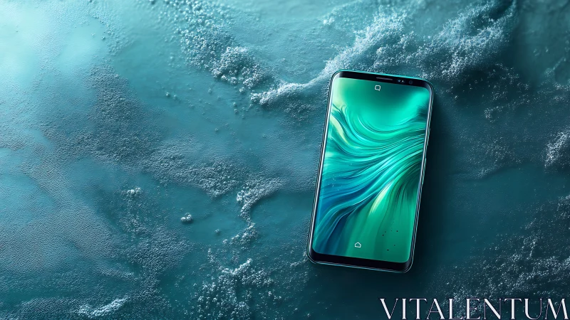 Curved screen smartphone on textured teal wet surface.