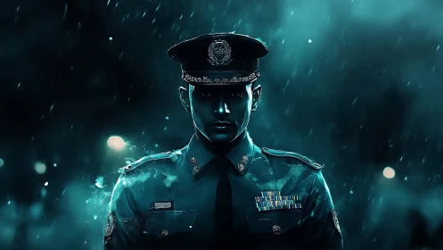 Stoic officer in teal rain, cinematic digital portrait.