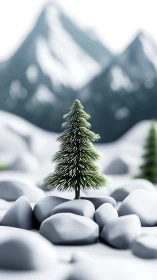 Isolated conifer micro-landscape in stylized alpine depth of field.