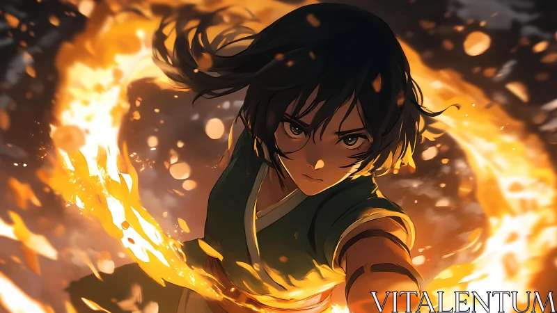 Fiery warrior in sweeping arc of flame mid-attack.