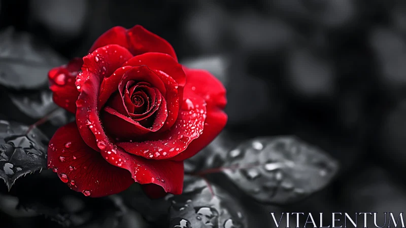 Red rose with water droplets on petals.