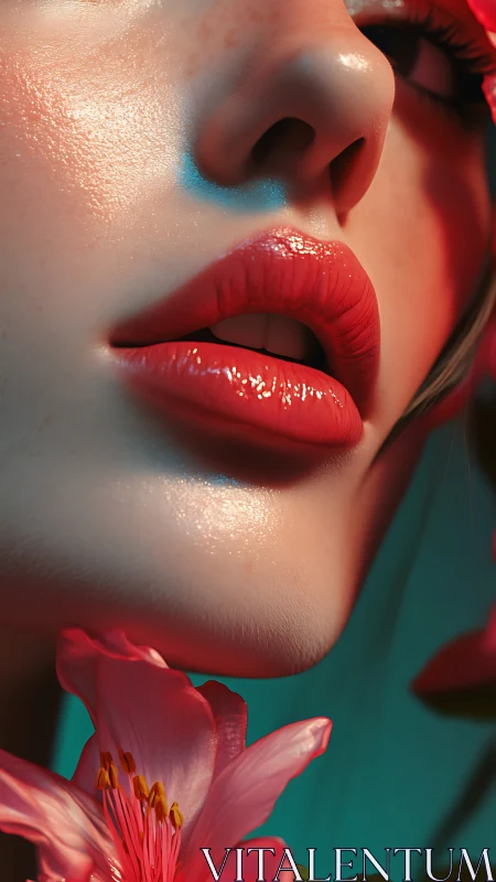 Glossed lips with floral accents in cinematic teal and coral.
