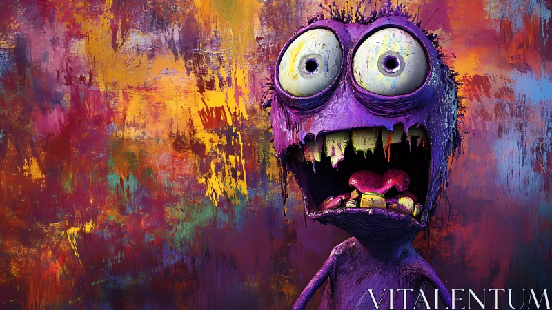 Purple monster screams against chaotic neon paint wall.