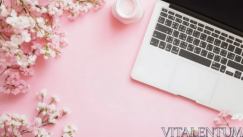 Ultralight laptop and florals on monochrome pink workspace.