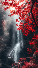 Crimson canopy framing a mist-veiled forest waterfall cascade.