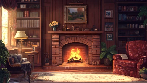 Warm wood‑paneled study with brick fireplace and directional firelight