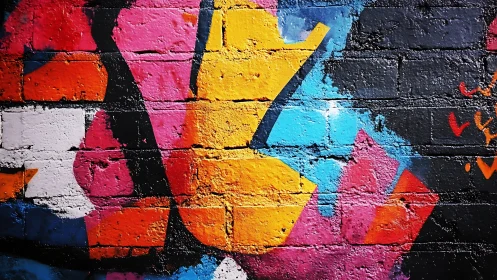 High-saturation geometric graffiti layered on textured brick wall