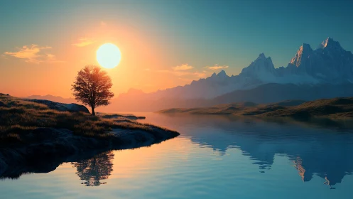 Solitary lakeside tree under blazing sunrise reflection.