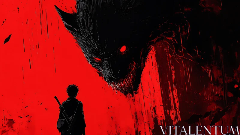 Backlit swordsman confronts colossal demonic wolf in stark red field