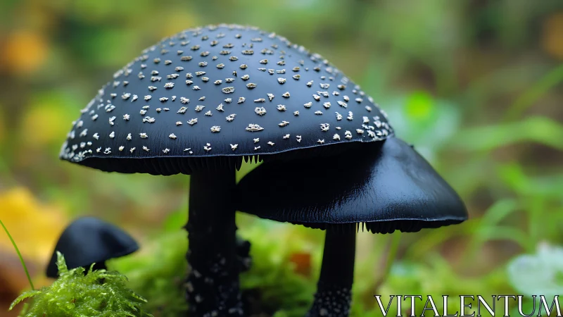 Black mushrooms with speckled caps in soft forest focus.
