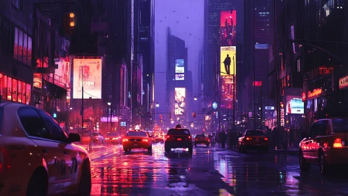 Neon rain choreographs midnight traffic in electric canyons