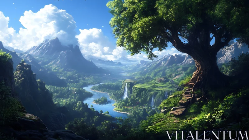 Expansive fantasy valley rendered with luminous atmospheric depth