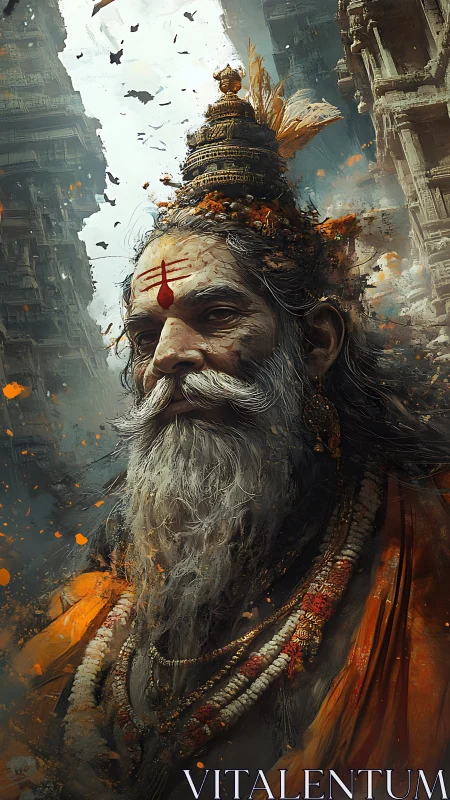 Elder mystic stands amid crumbling temples and sacred fire