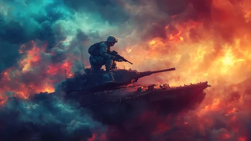 Storm-treading tank sails through burning clouds of war