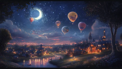 Fantasy village night sky with glowing crescent and balloons