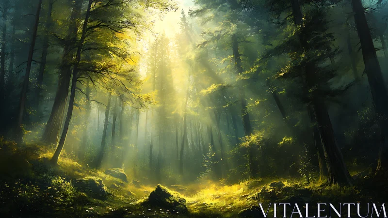 Sunlit Forest Passage: Ancient Woodland Light Rays Through Towering Trees.
