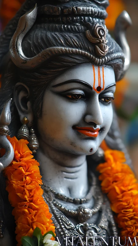 Shiva statue adorned with vivid marigold flower garlands.