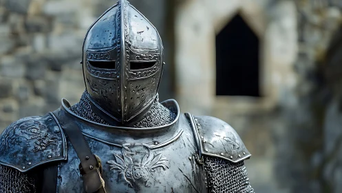 Medieval knight in engraved armor before stone fortress.