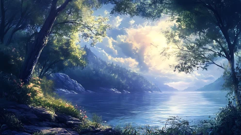 Sunlit forest cove cradling a glassy, dream-bright lake.