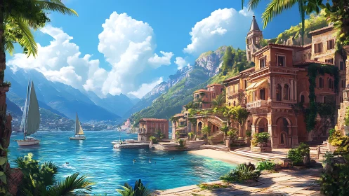 Sunlit terraced marina with neoclassical villas and cliffs.